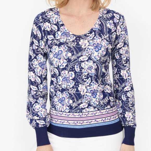 Talbots Women MP Navy Blue Magic Floral Preppy Lightweight Bishop Sleeve Sweater - Picture 1 of 9